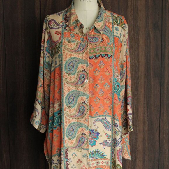 Rose & Olive Womens Blouse, Plus Size 1X, Orange Multicolor Paisley Print, - Picture 2 of 10